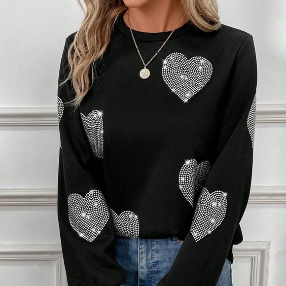 Black Casual Womens Rhinestone Decor Heart Pattern Crew Neck Sweatshirt - Picture 5 of 5